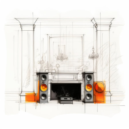 discover this interior design sketch showcasing a stylish speaker and mantle, perfectly positioned in front of a clean, white wall. a mirror is mounted above a fireplace, adding depth and dimension to the space. the ambiance is heightened with a touch of halloween decor, enhancing the atmosphere for the season. this front view image, captured at 9:11, highlights the intricate details of the design. aiの素材