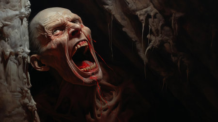 a haunting vampire stands eerily still in a dimly lit underground tunnel, its mouth agape, as if frozen in a bloodthirsty scream, captured in exquisite detail by greg rutkowski's masterful brushstrokes, blending witchcore and dazecore elements with hard edge realism, evoking an unsettling atmosphere of foreboding and dread. ai generatedの素材