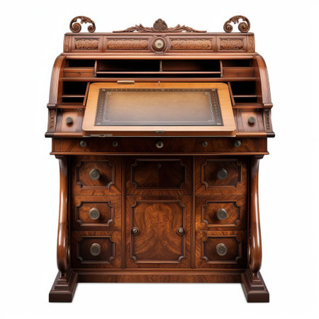 the davenport desk, a classic piece of furniture, sits isolated on a pristine white background, showcasing its intricate details and timeless design in high resolution and high-quality photography, perfect for interior designers, furniture enthusiasts, and those seeking elegant workspace inspiration. ai generatedの素材