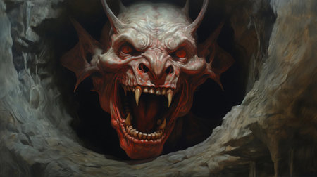 a devil, depicted in a hauntingly detailed painting by greg rutkowski, stands menacingly in an underground tunnel, its mouth agape, showcasing the artist's mastery of realist detail and gigantic scale, blending witchcore and dazecore elements with a hard edge aesthetic. ai generatedの素材