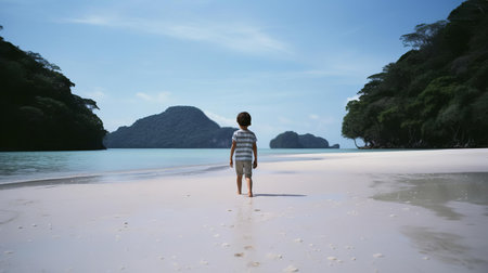 the serene glen in thailand, surrounded by lush greenery, is captured in a warm, nostalgic tone, thanks to the use of analog film photography, showcasing the pristine white sand beach, crystal-clear waters, and swaying palm trees, evoking a sense of tropical paradise and relaxation. ai generatedの素材