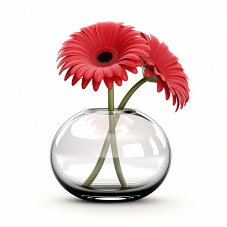 the round vase, adorned with a beautiful gerbera flower, sits elegantly on a pristine white background, showcasing its simplicity and charm, perfect for home decor, wedding centerpieces, or as a thoughtful gift, highlighting the beauty of minimalist floral arrangements and modern interior design. ai generatedの素材