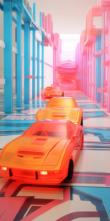 the vibrant installation art piece showcases a mesmerizing fusion of risograph prints and glitch art elements, featuring a nostalgic hot wheels car at its center, blending retro futurism with digital distortion, creating a thought-provoking commentary on modern technology and childhood nostalgia. ai generatedの素材