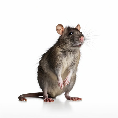 the rat, showcased in a loose gestural pose, fills the frame against a pristine white isolated background, highlighting its slender body and agile limbs, perfect for illustrations, graphics, and designs requiring a whimsical touch, ideal for children's books, cartoons, and educational materials. ai generatedの素材