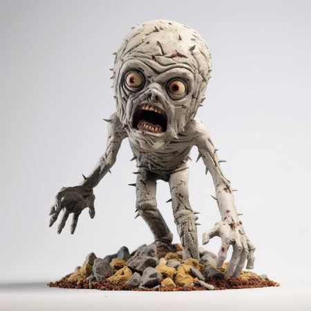 "explore this intricate zombie figurine, showcasing the unique style of artists evgeni gordiets, clemens ascher, and didier lourenco. with its inventive character design, the zombie boasts spiky mounds and a full-bodied form. perfect for concrete collectors, this close-up view on a white, isolated background highlights its striking detail.", ai generatedの素材