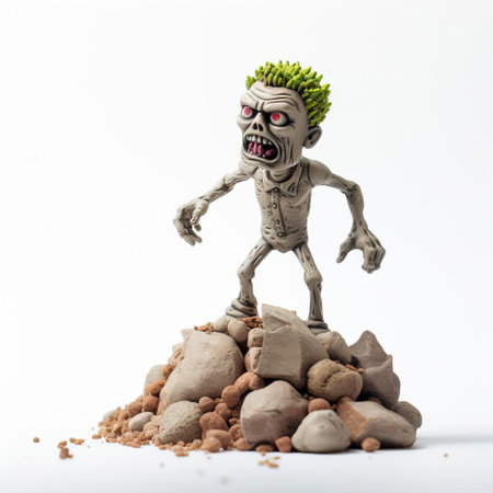 "explore this intricate zombie figurine, showcasing the unique style of artists evgeni gordiets, clemens ascher, and didier lourenco. with its inventive character design, the concrete creation boasts spiky mounds and a close-up view of its full body on a white, isolated background. a must-see for any figurine collector.", ai generatedの素材