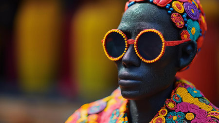 this vibrant embroidery statue, donning trendy dark cool sunglasses, pops against a kaleidoscopic background, showcasing intricate threadwork and impeccable craftsmanship, blending traditional art with modern flair, perfect for textile enthusiasts and fans of unique decorative pieces. ai generatedの素材