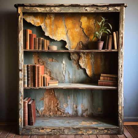 this distressed spandex bookcase, showcasing the natural grain, cracks, and peeling paint, captures the rustic charm of a vintage bookcase, evoking a sense of nostalgia and character, perfect for adding a touch of retro flair to any home decor or office space, blending functionality with antique elegance. ai generatedの素材