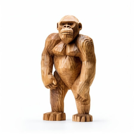 this handmade wood gorilla, crafted with precision and detail, stands proudly on a pristine white background, showcasing its full body in a stunning display of artisanal skill, perfect for nature lovers and woodwork enthusiasts alike, highlighting the beauty of wooden sculptures and animal figurines. ai generatedの素材