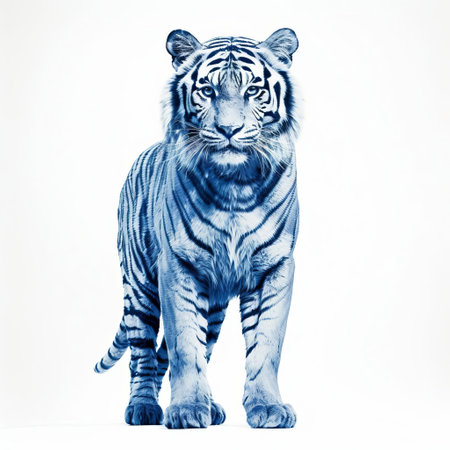 the majestic tiger, showcased in a stunning cyanotype print, stands proudly in a full-body pose against a crisp white isolated background, highlighting its powerful physique and vibrant blue tones, perfect for nature and wildlife enthusiasts, photography lovers, and art collectors alike. ai generatedの素材