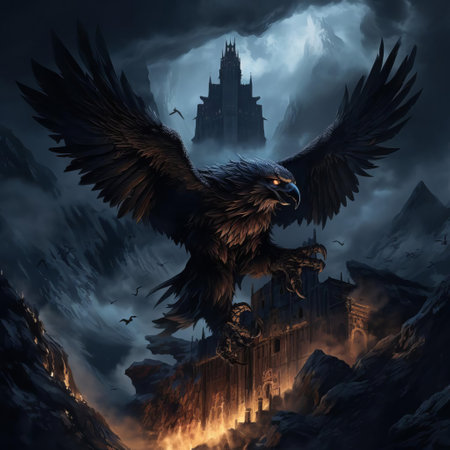 the majestic eagle, with piercing gaze and outstretched wings, soars above a foreboding, mist-shrouded landscape, evoking the dark, gothic atmosphere of darkest dungeon, as twisted, gnarled trees loom in the background, surrounded by eerie, flickering torches, and mysterious, ancient ruins. ai generatedの素材