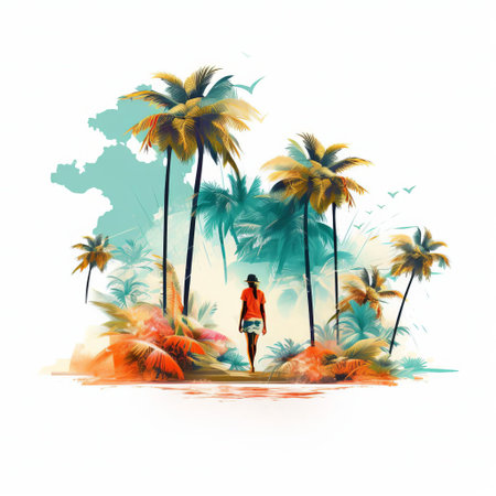 the tropical woman, dressed in a vibrant hawaiian shirt and flowy skirt, stands confidently on a pristine white isolated background, showcasing her carefree island vibe, perfect for summer vacation, travel, and beach-themed designs, evoking feelings of relaxation and tranquility. ai generatedの素材
