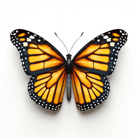 the 3d monarch butterfly, with its distinctive orange and black wings, is beautifully showcased on a white isolated background, highlighting its intricate details and vibrant colors, perfect for nature enthusiasts, graphic designers, and anyone looking for a stunning insect illustration. ai generatedの素材
