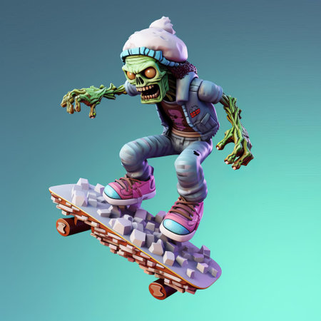 witness a thrilling 3d 8-bit pixel cartoon of a zombie, full body, shredding down a snowy mountain. this captivating image features vibrant colors and a detailed depiction of the undead's snowboarding prowess, all set against a crisp white background. perfect for gaming and winter enthusiasts alike. ai generatedの素材