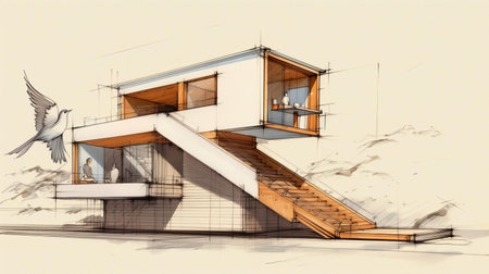 discover a captivating sketch of a luxury tiny home, showcasing the sleek lines of parametric architecture. a tiny staircase leads to a cozy nook, while a small bird adds a touch of whimsy. this unique blend of modern design and charming detailing creates an irresistible charm, perfect for those seeking a serene and stylish living space. ai generatedの素材