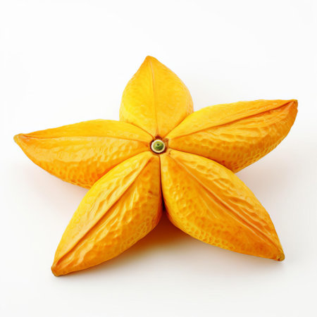 the handmade wood starfruit, crafted with precision and care, sits elegantly on a pristine white background, showcasing its intricate details and natural beauty, perfect for home decor, wooden fruit decorations, and rustic kitchen accessories, evoking a sense of warmth and coziness. ai generatedの素材