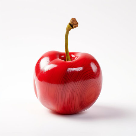 the handmade wood acerola cherry, crafted with precision and care, sits proudly on a pristine white background, showcasing its intricate details and natural beauty, highlighting the skilled craftsmanship of woodworking and the rustic charm of wooden decorative items for home decor. ai generatedの素材