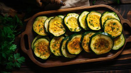 zucchini slices are artfully arranged on a rustic wooden tray, showcasing their vibrant green color and delicate texture, perfect for adding a pop of freshness to salads, sandwiches, or as a healthy snack, ideal for veggie lovers and food enthusiasts alike. ai generatedの素材