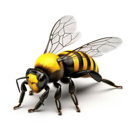 the 3d bumblebee, showcasing its vibrant yellow and black stripes, stands proudly on a pristine white isolated background, its intricate details and textures meticulously crafted to bring this busy insect to life, perfect for nature enthusiasts, graphic designers, and anyone seeking high-quality insect illustrations. ai generatedの素材