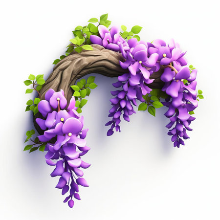 wisteria 3d icon, crafted with cartoon-inspired clay material, boasts a smooth and shiny appearance, reminiscent of nintendo's signature isometric style, illuminated by a spotlight, showcasing exceptional detail in high-definition 3d rendering, set against a crisp white isolated background. ai generatedの素材