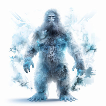 the yeti, a mythical creature, stands majestically in isolation on a pristine white background, showcasing its towering figure in a stunning display of algorithmic art, blending folklore and modern digital design, perfect for fantasy and adventure enthusiasts. ai generatedの素材