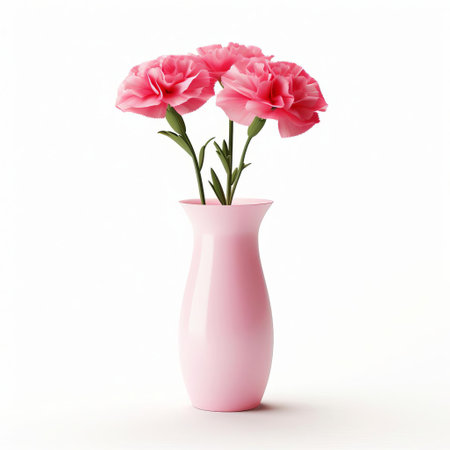 this elegant modern vase, adorned with a single stem of delicate carnation, stands out against a pristine white background, showcasing a beautiful contrast of simplicity and sophistication, perfect for home decor inspiration or still life photography enthusiasts. ai generatedの素材
