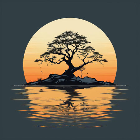 the tranquil lake, surrounded by lush greenery and a solitary tree, creates a peaceful atmosphere, perfect for relaxation and contemplation, evoking feelings of calmness and serenity, ideal for nature lovers and those seeking a calming escape from the hustle and bustle of city life. ai generatedの素材