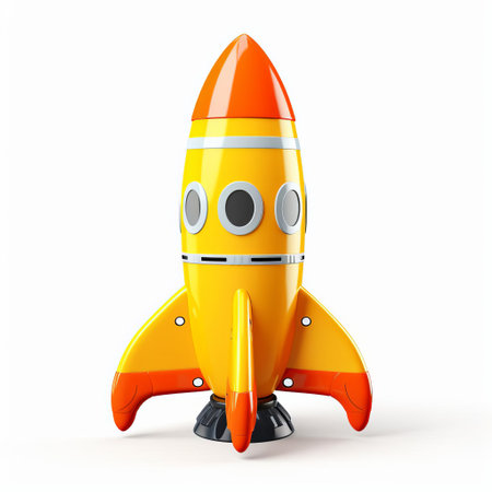 the rocket, designed in a vibrant toy style, sits proudly on a pristine white isolated background, showcasing its colorful and intricate details, perfect for space enthusiasts and kids alike, evoking a sense of adventure and exploration in the vastness of the cosmos. ai generatedの素材