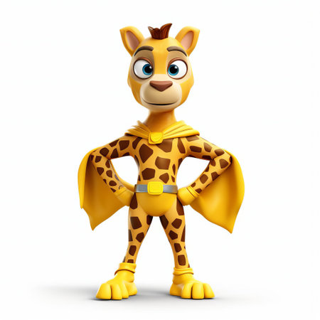 a 3d giraffe superhero stands proudly isolated on a white background, showcasing its vibrant full-body costume, complete with a colorful cape and mask, ready to save the day with its superpowers, perfect for illustrations, cartoons, and comic book designs featuring animal heroes and fantasy creatures. ai generatedの素材
