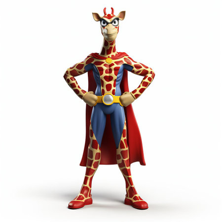 the 3d giraffe superhero, standing tall and proud, is isolated on a pristine white background, showcasing its vibrant colors and dynamic pose, perfect for graphic designs, digital art, and illustrations requiring a full-body, high-quality, and detailed superhero character. ai generatedの素材