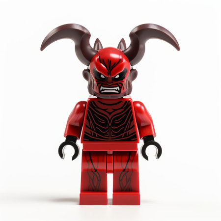 vassago, the demon lego figure, stands proudly isolated on a pristine white background, showcasing its intricate details and vibrant colors, perfect for fans of lego's popular demon slayer: kimetsu no yaiba series and collectors of unique lego minifigures. ai generatedの素材