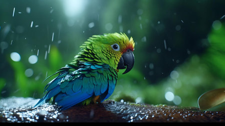 the glacier-like neoprene-clad parrot stands still in the midst of a stormy saudi arabian forest, its vibrant green plumage glistening with raindrops, set against a dark, misty backdrop, captured in stunning 4k resolution with a shallow depth of field, evoking a sense of mystique and wonder. ai generatedの素材