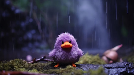 a serene forest landscape in the united states, captured in stunning 4k resolution, features a whimsical felt stop-motion duck braving the stormy rain, set against a dramatic dark violet backdrop with a shallow depth of field, evoking a mystical atmosphere with hints of blue and low saturation, reminiscent of a mystical night scene. ai generatedの素材