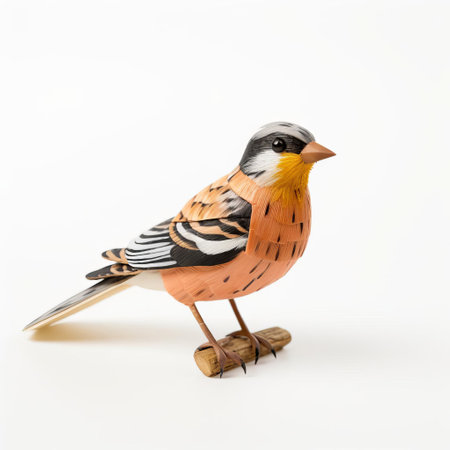 the brambling, a vibrant winter bird, is beautifully showcased in this stunning handmade wood carving, meticulously crafted to capture its full body plumage, perched on a crisp white background, highlighting the intricate details of its feathers and natural beauty, perfect for nature enthusiasts and bird lovers. ai generatedの素材