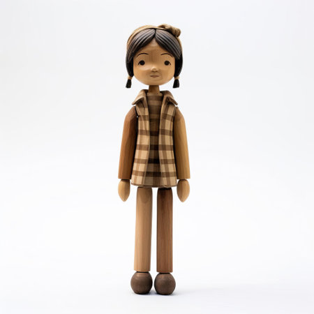 the wooden figurine of a young girl, crafted with precision and care, stands proudly on a pristine white background, showcasing the artisan's skill in capturing the innocence and charm of childhood, highlighting the beauty of handmade wooden sculptures and wooden toys for kids. ai generatedの素材