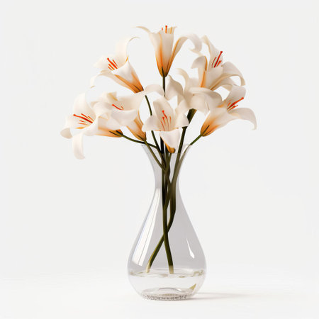 the elegant trumpet vase overflows with a beautiful bouquet of fresh flowers, isolated on a crisp white background, showcasing the delicate petals and vibrant colors of the blooms, perfect for decorating a modern home or office with a touch of elegance and sophistication. ai generatedの素材