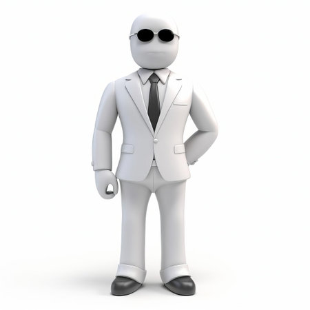 a 3d render of a plastic cartoon character wearing a suit, showcased in a full-body pose, set against a crisp white background, perfect for illustrations, animations, and digital designs, evoking a sense of modernity and sophistication in graphic art and visual communications. ai generatedの素材