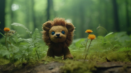 a serene meadow scene featuring a felt stop-motion lion, set against the backdrop of a stormy south korean forest at night, captured in stunning 4k resolution with a shallow depth of field, showcasing the dark brown forest tones, with hints of blue, amidst a low-saturation atmosphere. ai generatedの素材