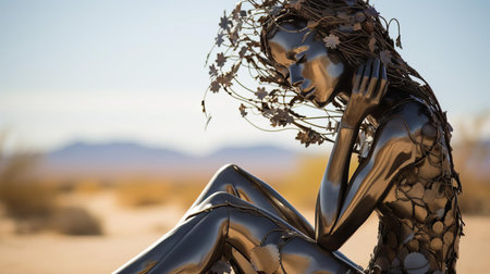 the metal sculpture, a mesmerizing work of art, stands tall in the desert landscape, exuding symbolism and mystery, as if reflecting on her being, with intricate details and shapes that evoke emotions, blending modern art with ancient desert vibes, evoking a sense of surrealism and contemporary sculpture. ai generatedの素材