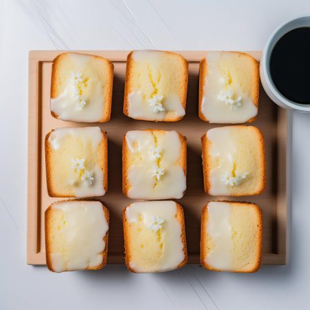 five delicious yogurt cakes, arranged in an uneven row, sit alongside a steaming cup of coffee, creating a mouthwatering breakfast or brunch scene, captured from a top view against a clean and minimalist white background, perfect for food bloggers, coffee enthusiasts, and dessert lovers alike. ai generatedの素材