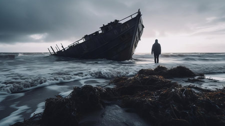 discover this striking image of a grim guardian on unsplash, captured in a candid full-body shot. emerging from a decaying shipwreck, the guardian stands alone on a desolate beach, with crashing waves in the background. this hauntingly beautiful image is available in 1x resolution and 600px for your design needs. ai generatedの素材