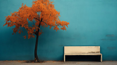 a tree stands tall beside a bench in a park, surrounded by minimalist orange and azure hues. this captivating photo captures the essence of indonesian art, with flickr showcasing photorealistic urban scenes. the cyan and amber tones add a site-specific touch to this visually stunning composition. ai generatedの素材