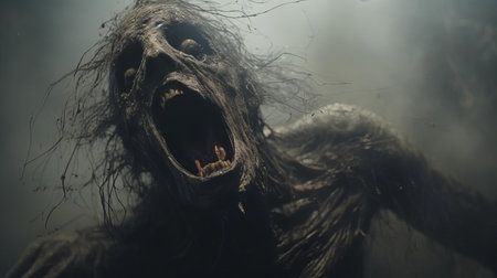 a terrifying creature with an open mouth and an eye, captured in a natural, gritty tone, arouses curiosity and fear. the wide-angle shot, illuminated by studio lighting, gives a cinematic, horror-like appearance, reminiscent of christopher nolan's filmmaking style. ai generatedの素材
