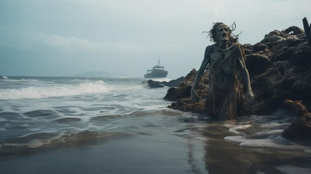 "discover a striking candid shot of a hellspawn emerging from a decaying shipwreck on a desolate beach, with crashing waves in the background. this high-resolution image, available on unsplash in 600px resolution, captures the ominous and mysterious atmosphere perfectly.", ai generatedの素材
