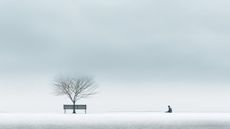 a man sits on a bench surrounded by trees under a cloud-covered sky. this digital minimalism-style photo captures the essence of stark minimalism and depth of layers. the snow scenes add a touch of tranquility to the image, while the juxtaposition of hard and soft lines creates visual interest. the light gray and teal tones enhance the overall aesthetic. this high-resolution photo is available inの素材