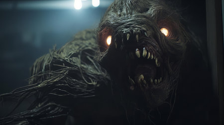 a terrifying creature with an open mouth and an eye, captured in a natural, gritty tone, arouses curiosity and fear. the wide-angle shot, illuminated by studio lighting, gives a cinematic, horror-like appearance, reminiscent of christopher nolan's filmmaking style. ai generatedの素材