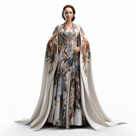 the 3d victoria model stands elegantly against a pristine white background, adorned in a stunning kaftan dress that flows beautifully around her full body, showcasing intricate details and textures, perfect for fashion, clothing, and textile design visualizations. ai generatedの素材