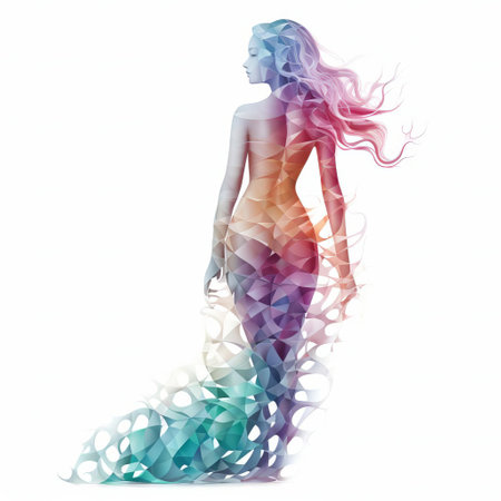 the mermaid, a mesmerizing digital creation born from algorithmic art, poses elegantly in a full-body portrait, isolated on a pristine white background, showcasing her shimmering scales, flowing locks, and alluring gaze, perfect for fantasy and mythology enthusiasts, digital artists, and fans of surrealism. ai generatedの素材