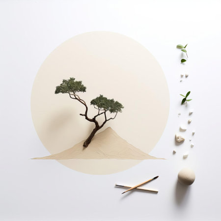 "nature's canvas" showcases a serene environmental art installation, where delicate leaves and twigs are intricately arranged on a tree trunk, blending seamlessly with the natural surroundings, highlighting the beauty of ephemeral art and our connection with the environment, sustainability, and eco-friendliness. ai generatedの素材