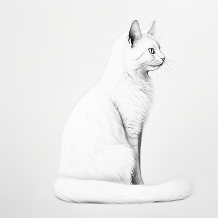 the turkish angora, a majestic and elegant feline breed, is beautifully captured in this minimalist, hand-drawn portrait, showcasing its slender body and striking features in profile, set against a pristine white background, highlighting its luxurious coat and piercing gaze. ai generatedの素材